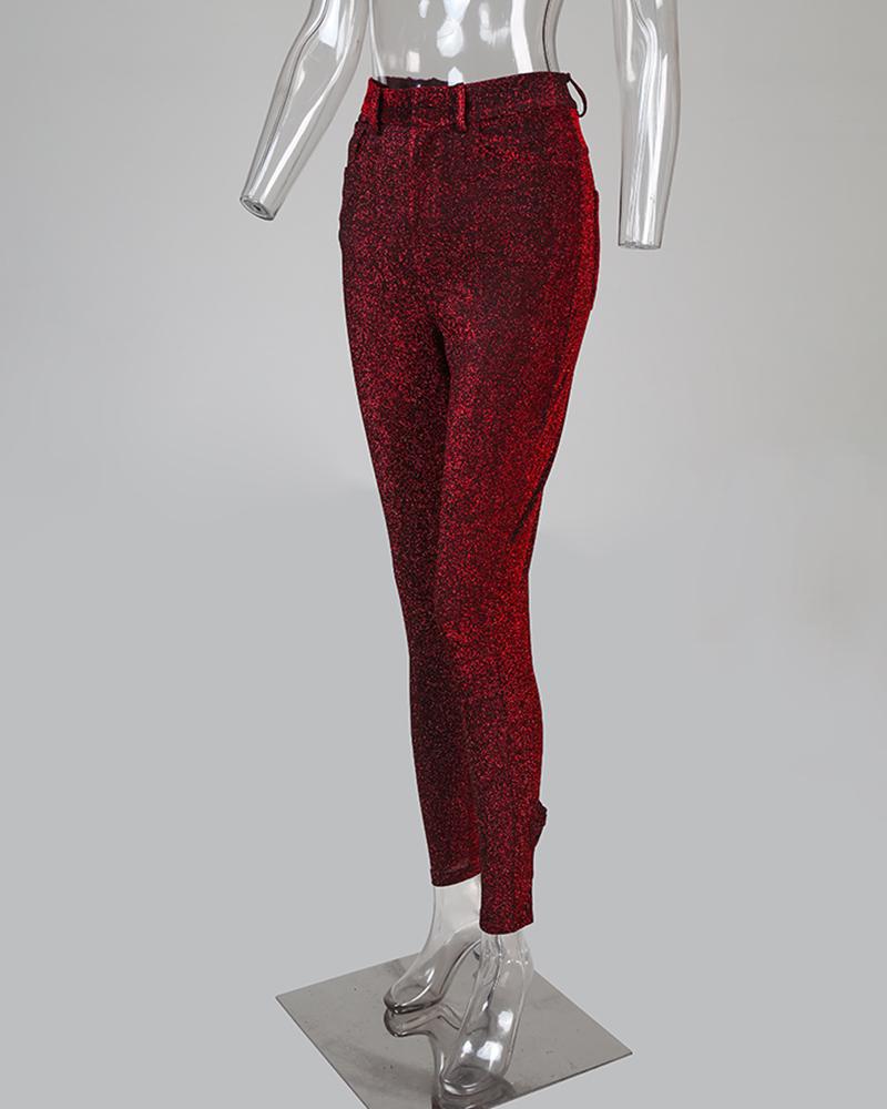 Glitter Bowknot Design Zipper Sequins Pant