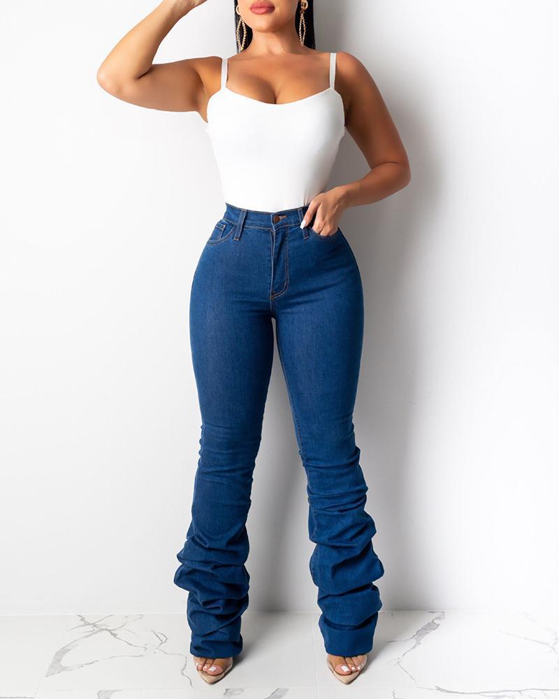 Solid High Waist Ruched Jeans
