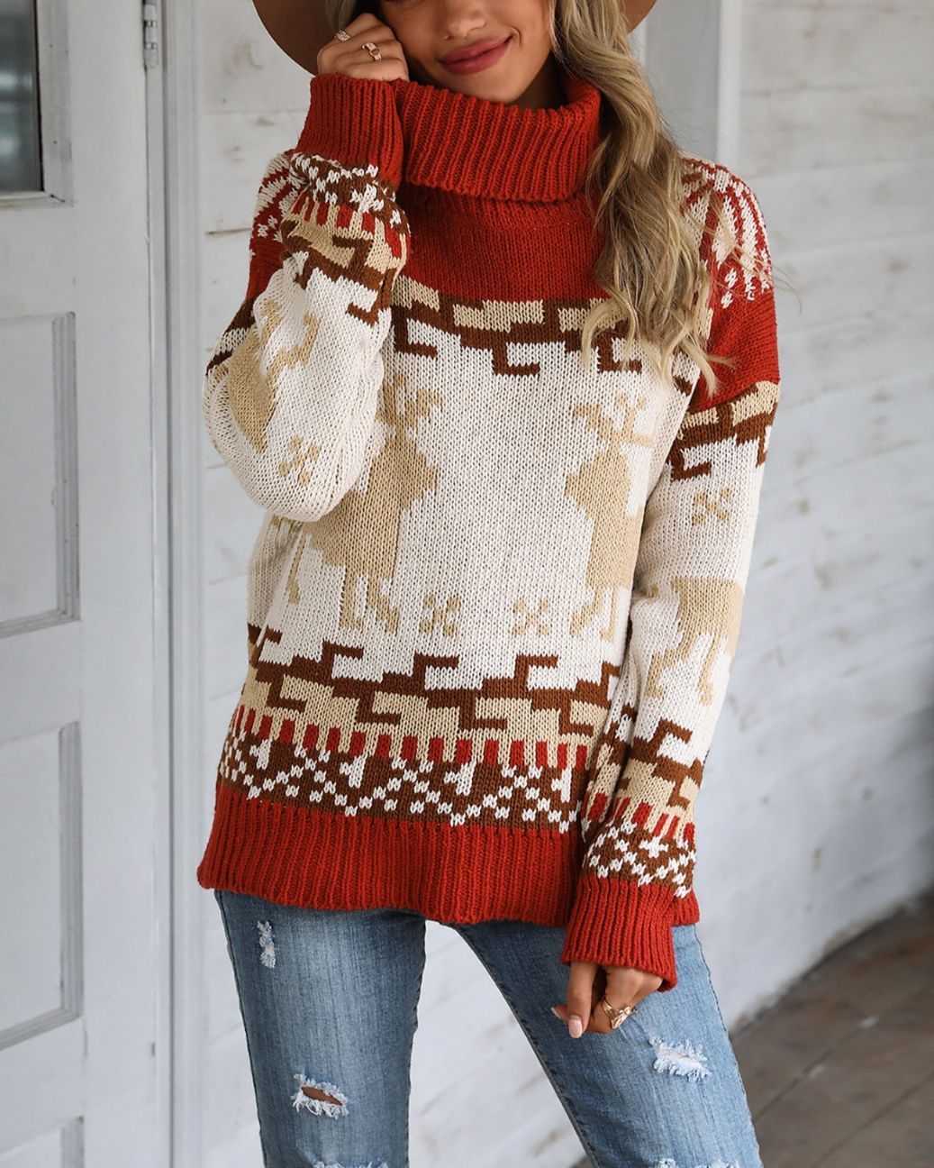 Christmas Reindeer Pattern Colorblock Ugly Sweater
