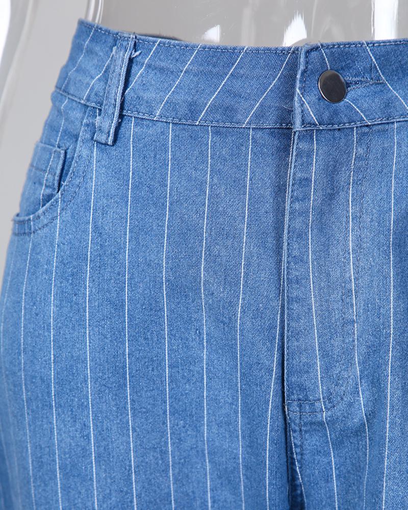 Denim Striped Fringe Bell-Bottom Pants