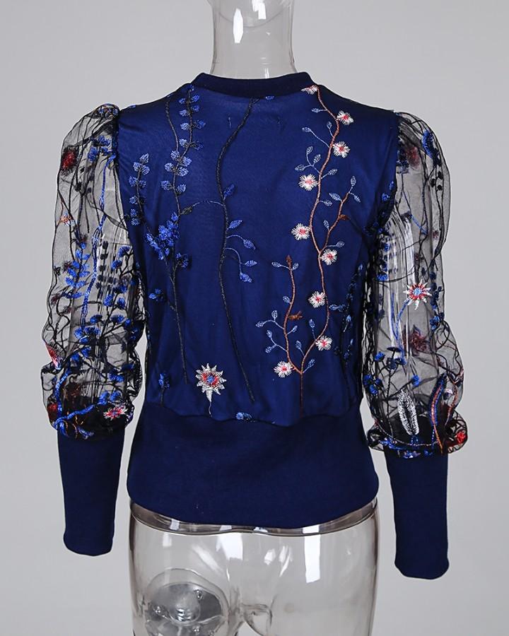 Floral Embroidery Sheer Mesh Blouse