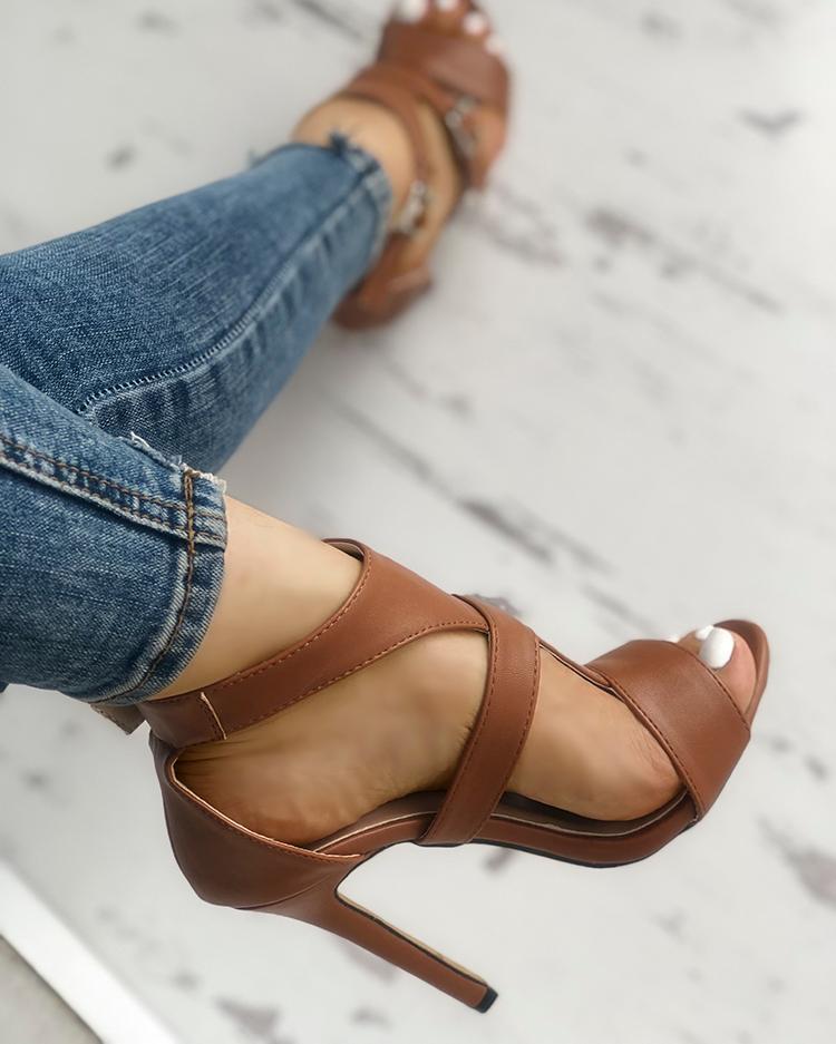Solid Open Toe Ankle Strap Thin Heeled Sandals