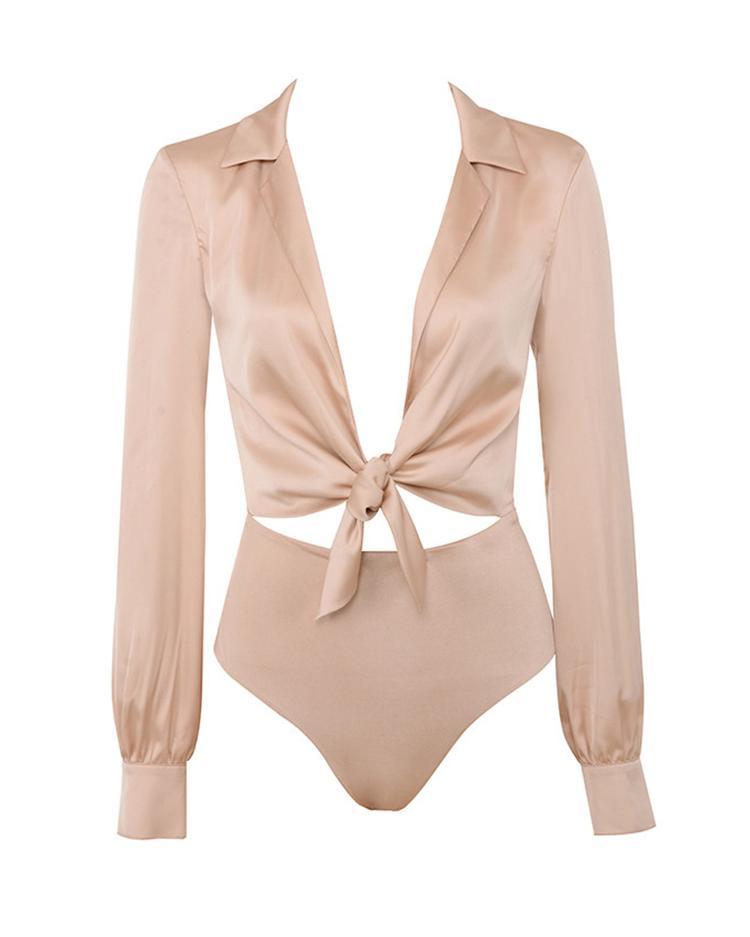 Solid Plunge Knot Long Sleeve Bodysuit