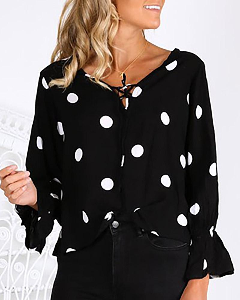 Outlet26 Dot Ruffles Cuff Tied Detail Casual Blouse black