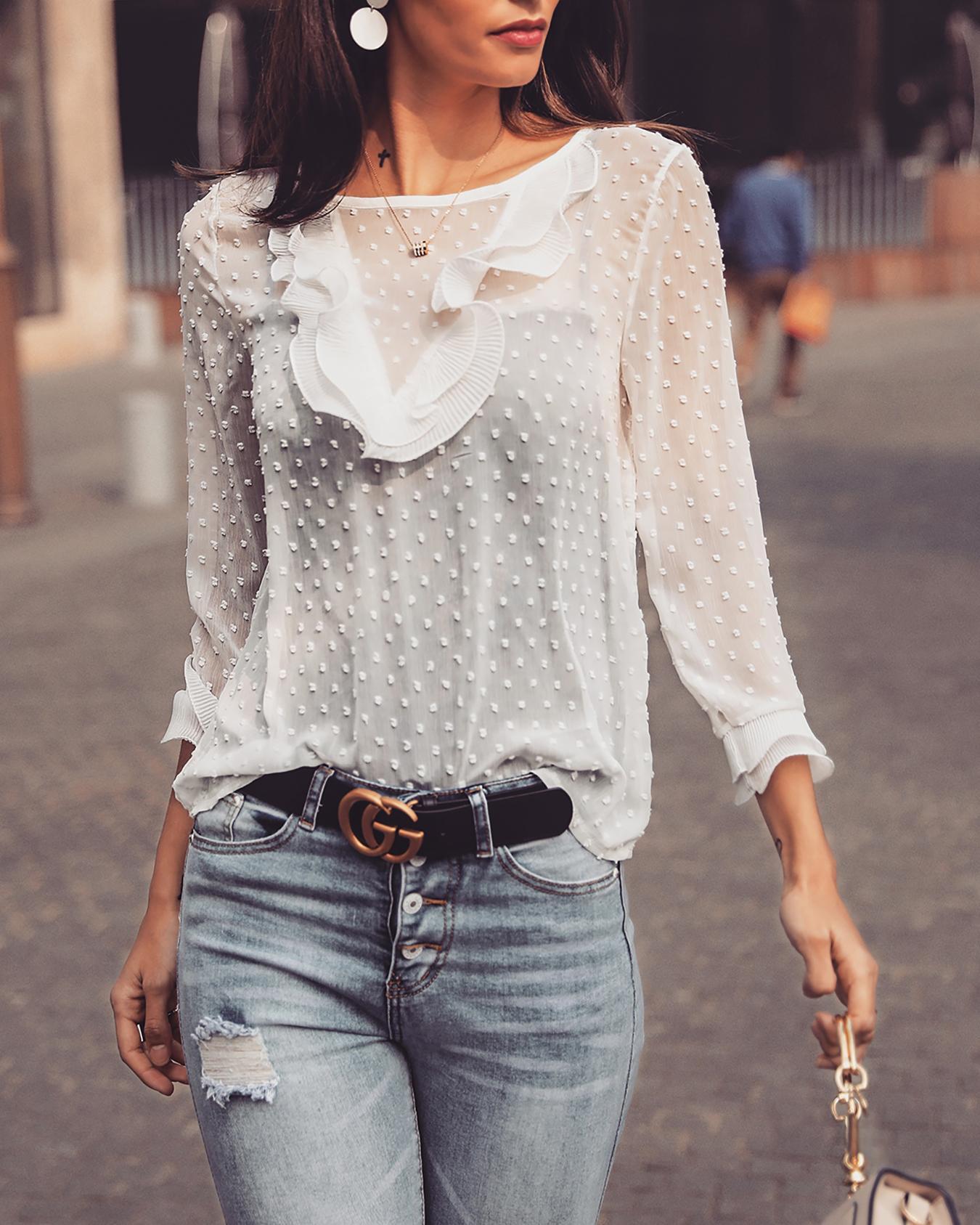 Outlet26 Dots Layered Ruffles Keyhole Back Blouse white