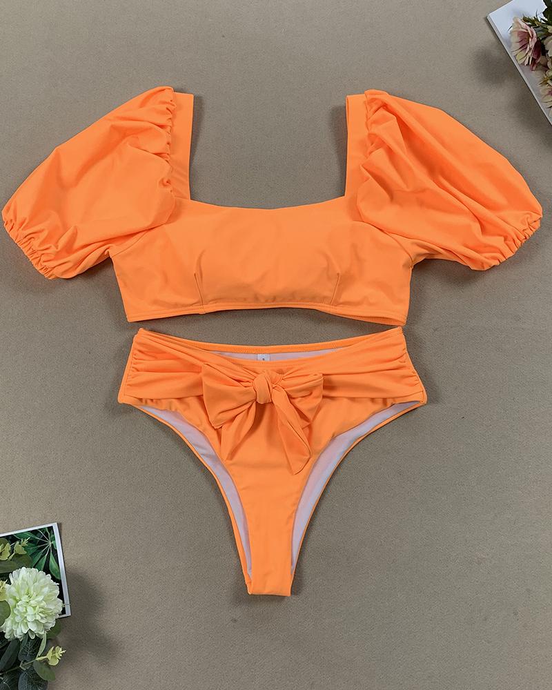 Solid Short Sleeve Strappy Blouse With Panties Bikini Sets