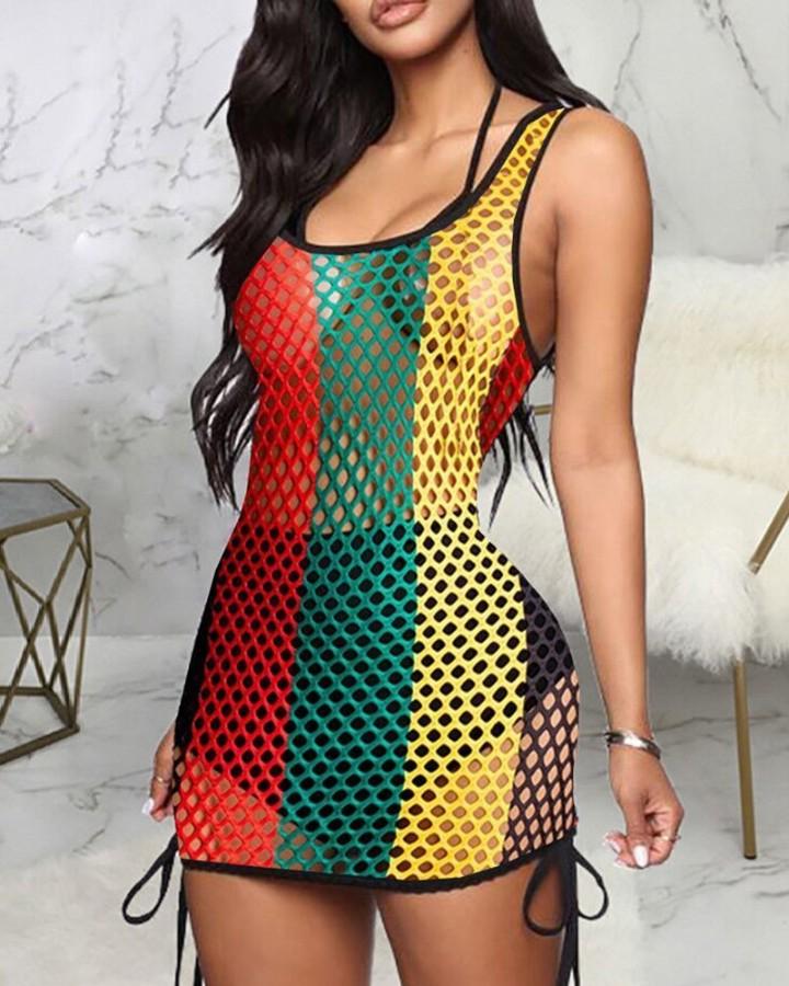 Fishnet Colorblock Tied Detail Cover Up