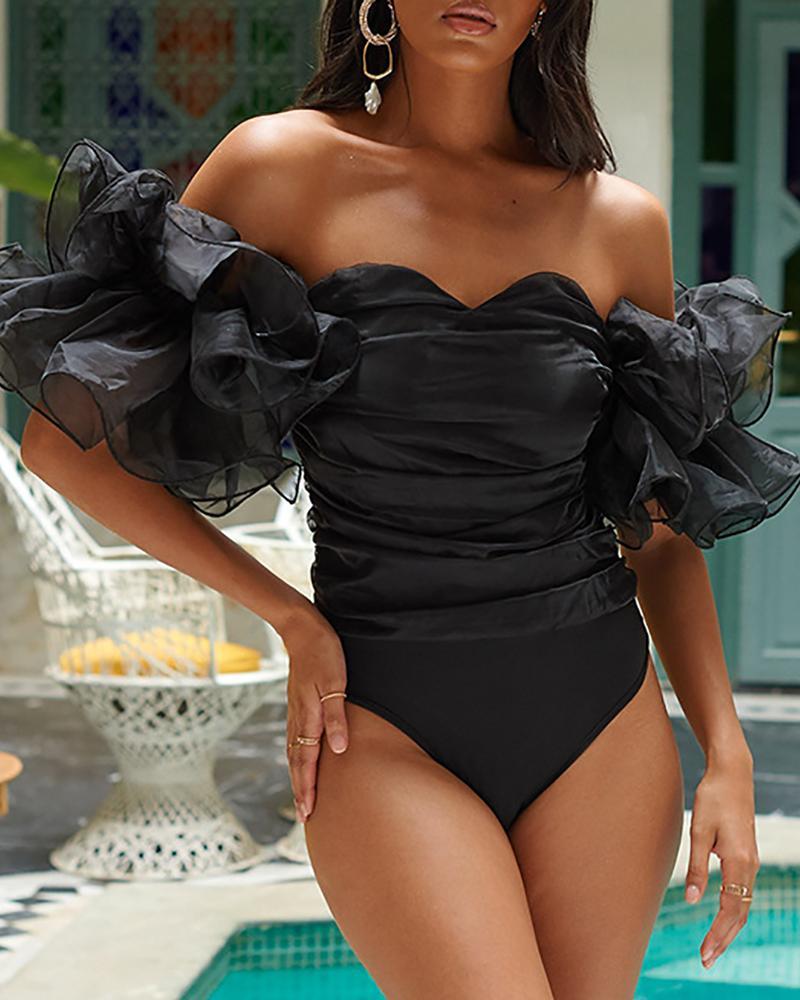 Off Shoulder Ruched Lace Ruffled Bodysuit