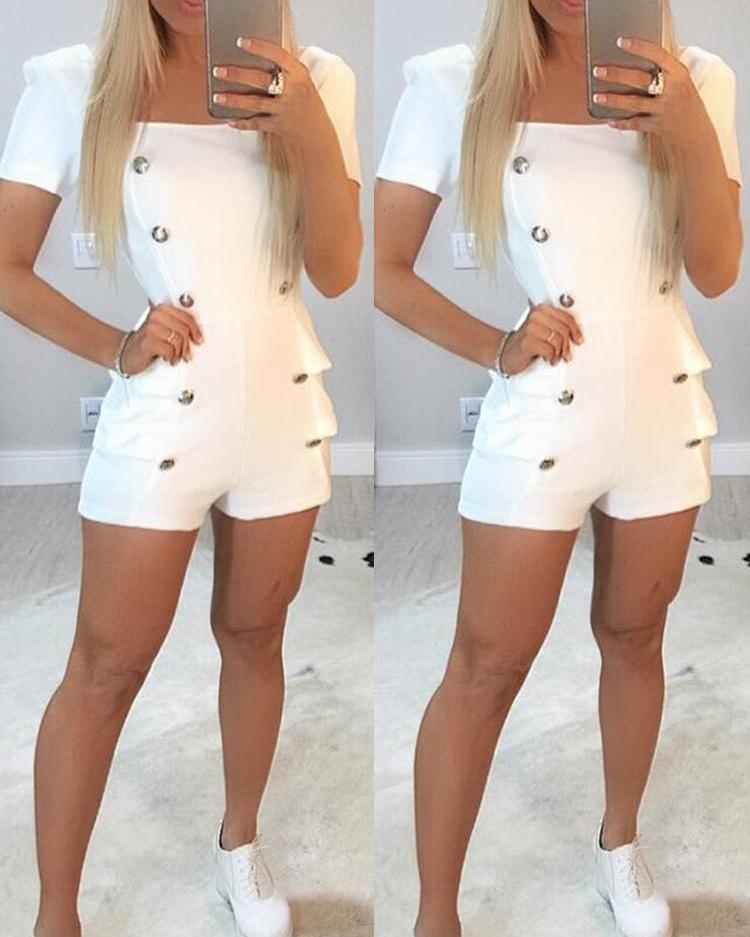 Double-Breasted Short Sleeve White Romper