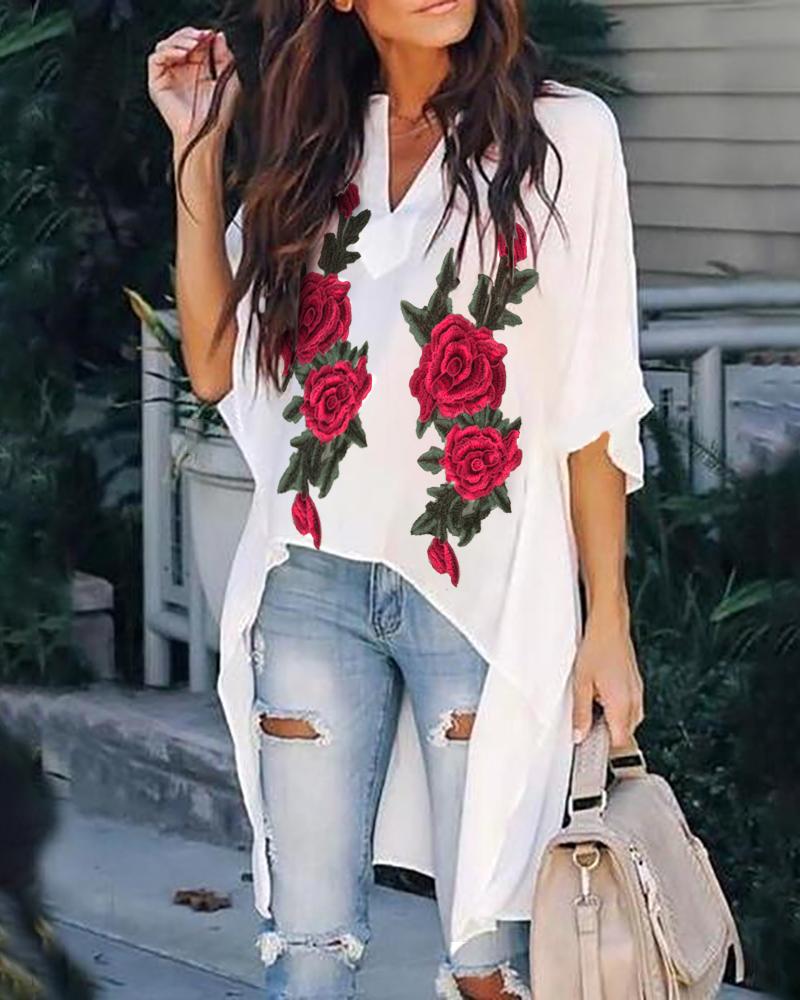 Outlet26 Floral Embroidery Short Sleeve V Neck Blouse white