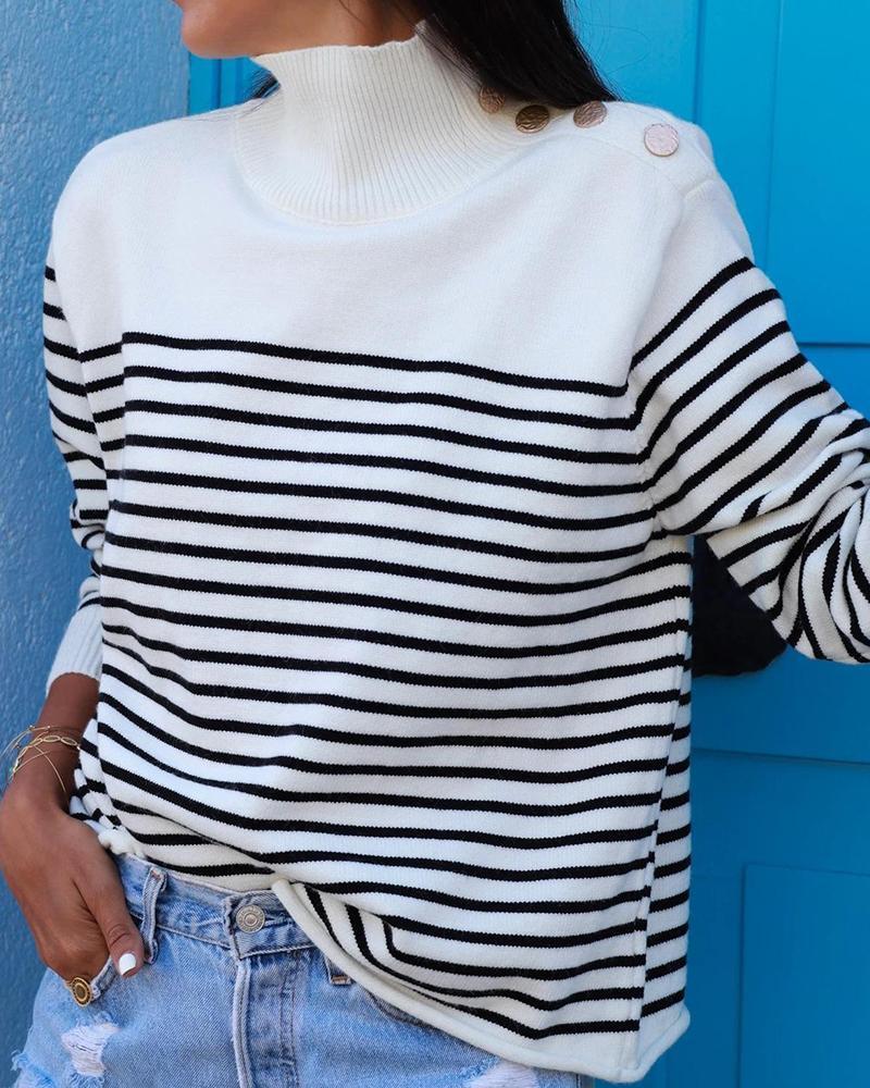Outlet26 Casual High Neck Striped Sweater white