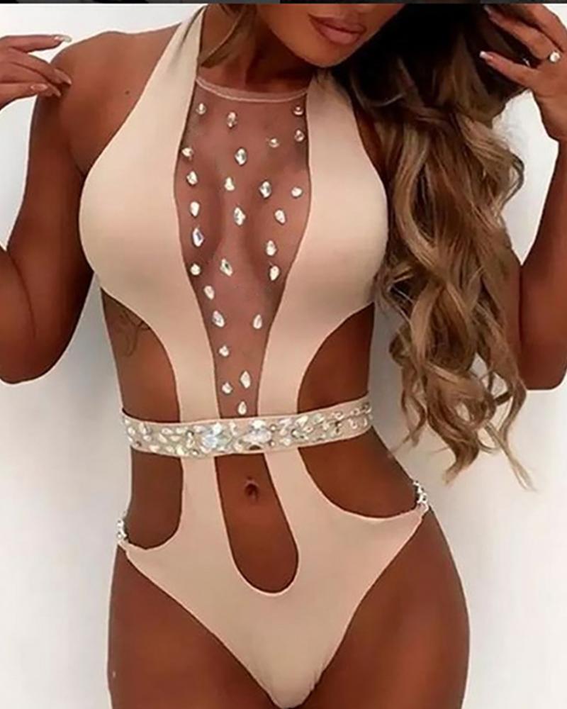 Sheer Mesh Studded One Piece Swimsuit