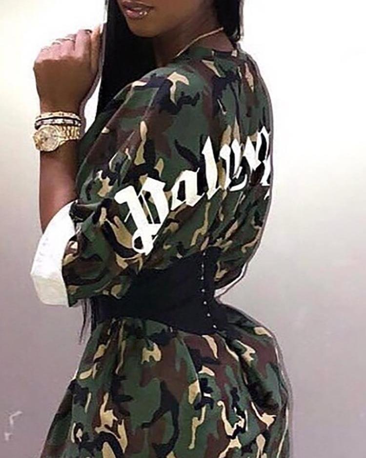 Camouflage & Letter Print Belted Mini Dress