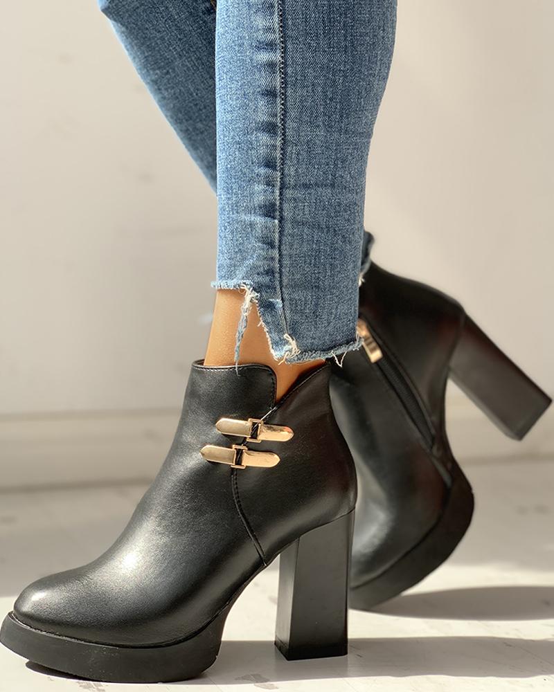 PU Ankle-Buckled Pointed Toe Chunky Heeled Boots
