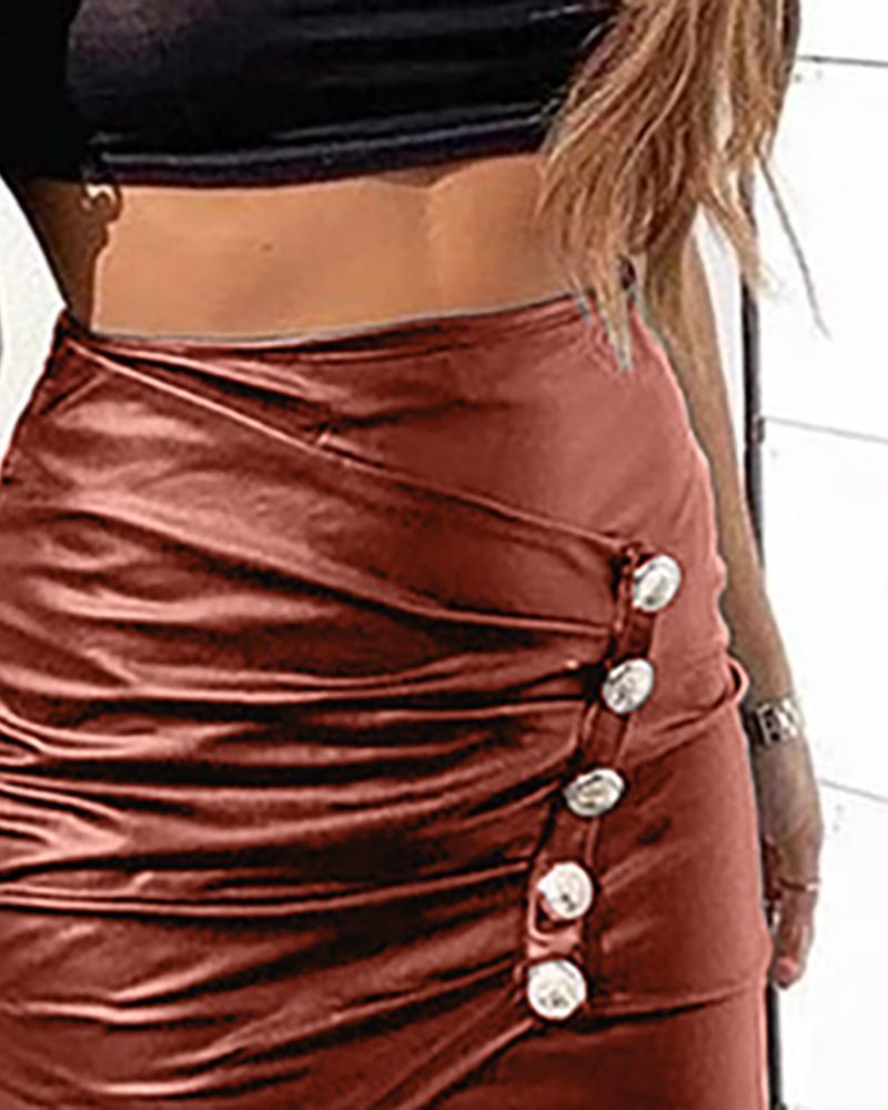 Faux Leather Buttoned Ruched Mini Skirt