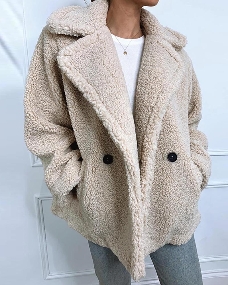 Solid Faux Shearling Pocketed Coat