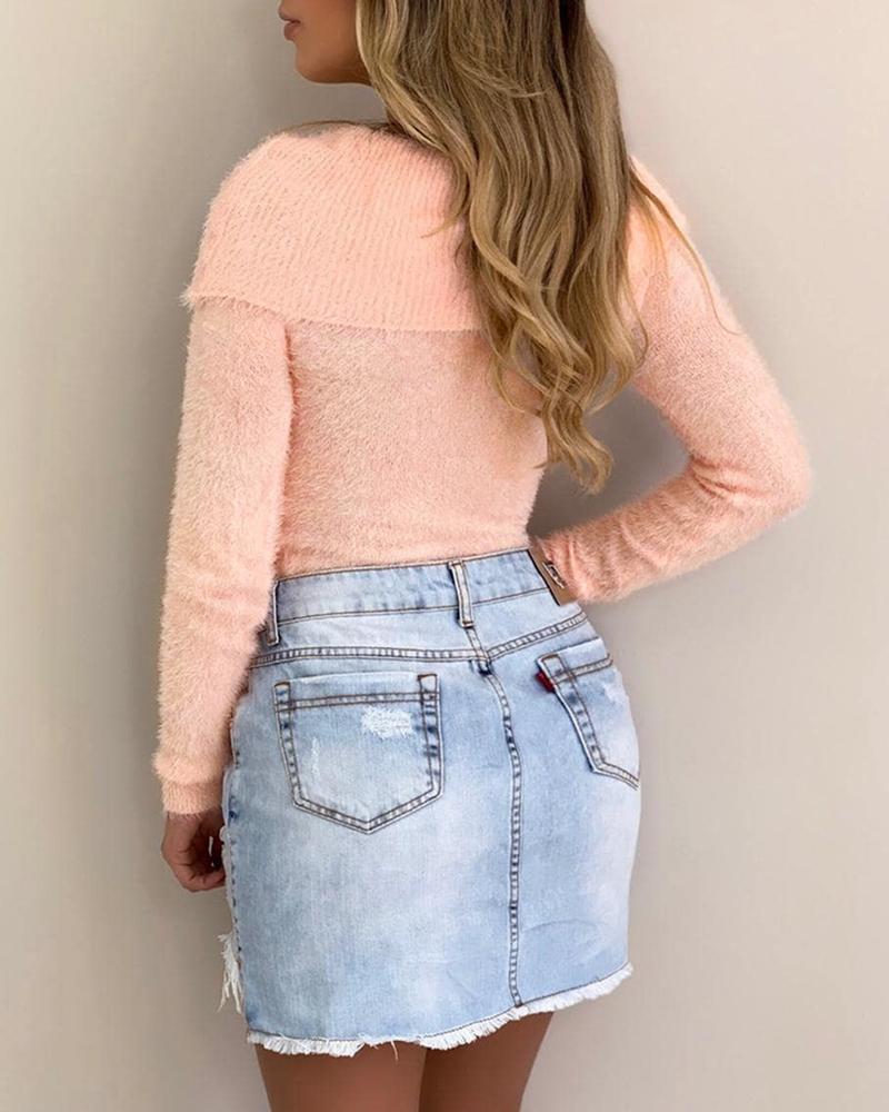 Solid Long Sleeve Fluffy Sweater