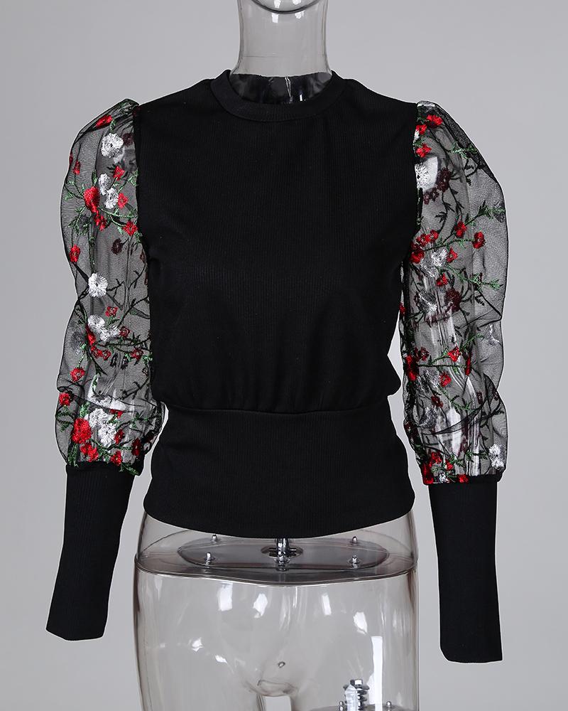Floral Embroidery Patchwork Mesh Sleeve Blouse