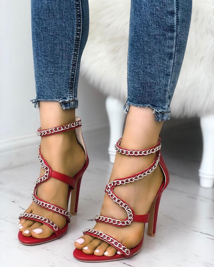 Solid Chains Embellished Zipper Thin Heeled Sandals