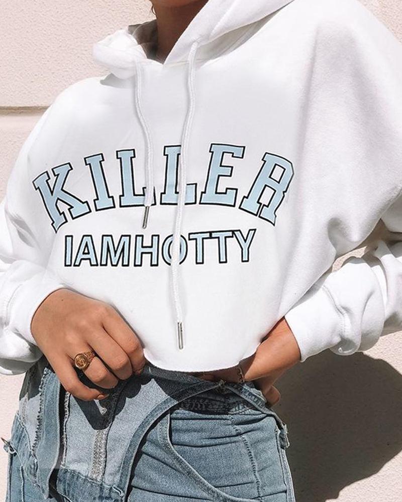 Outlet26 Letter Print Drawstring Crop Hoodie white