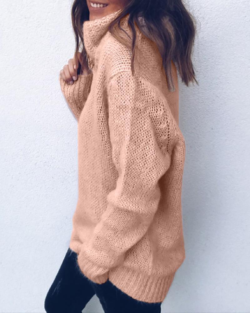 Solid High Neck Long Sleeve Casual Sweater