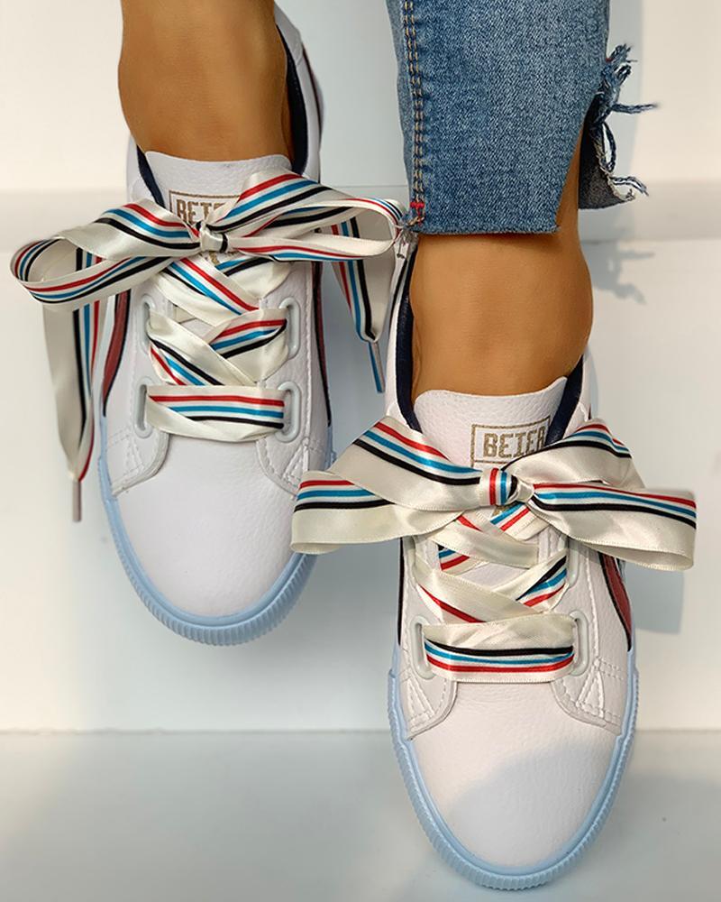 Colorful Ribbon Lace-Up Casual Sneakers