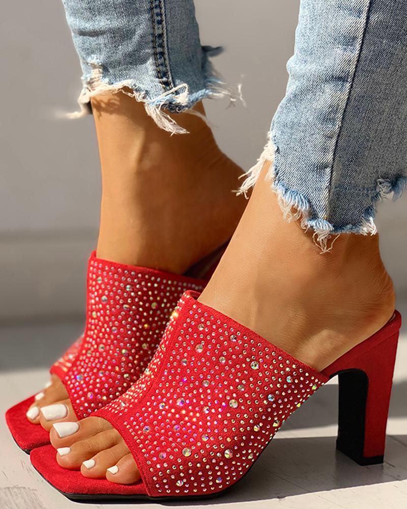 Glitter Hot Stamping Open Toe Slingback Chunky Heeled Sandals