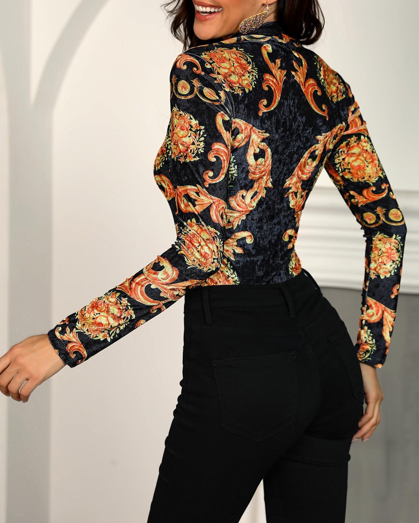 Retro Print High Neck Form Fitted Blouse