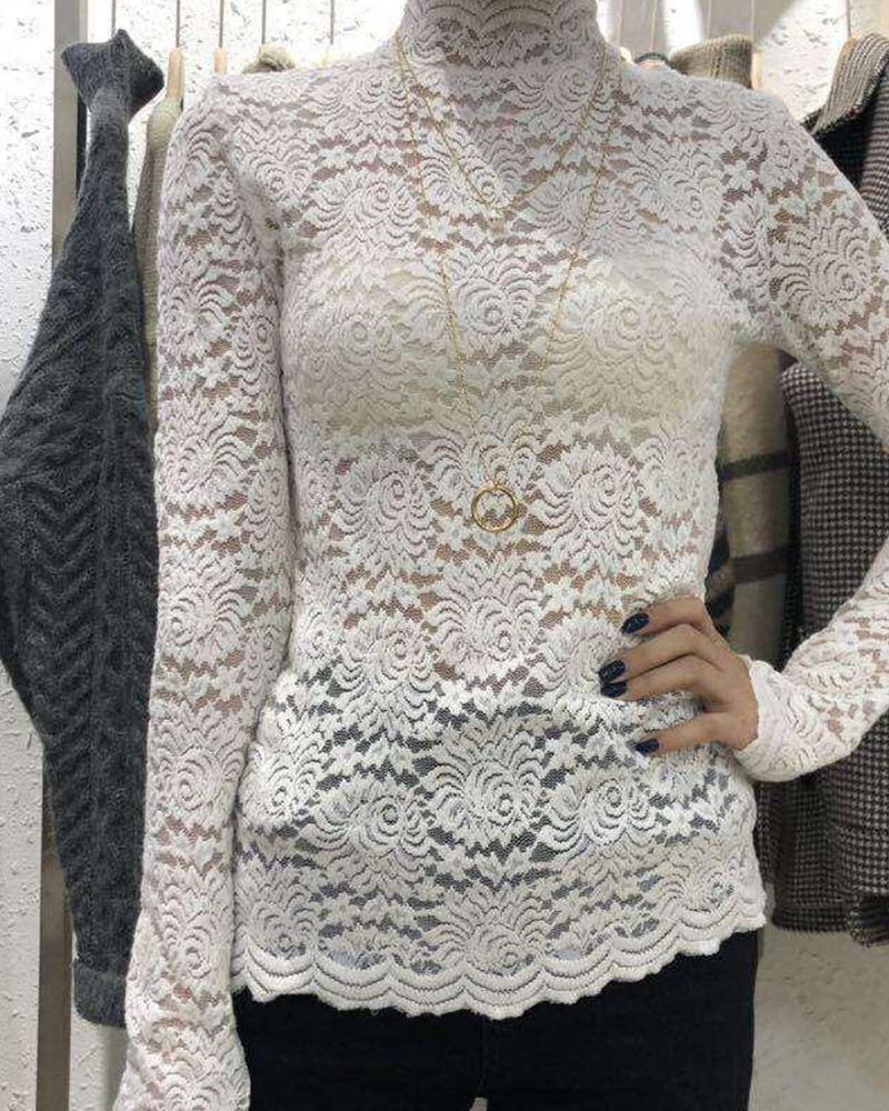 High Neck Mesh Lace Pattern Top