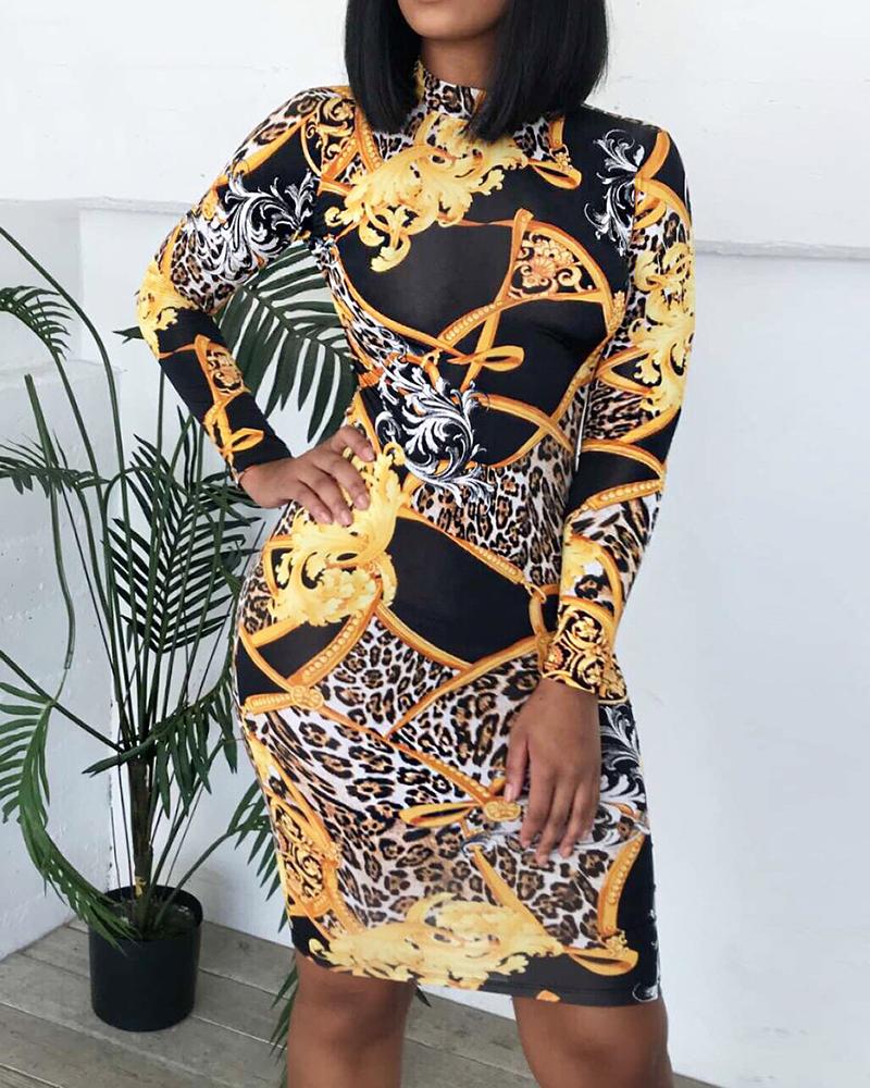 Outlet26 Leopard Paisley Print Long Sleeve Dress Multicolor