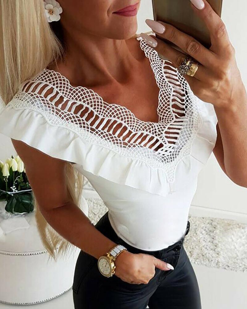 Outlet26 Hollow Out Lace V Neck White Top white
