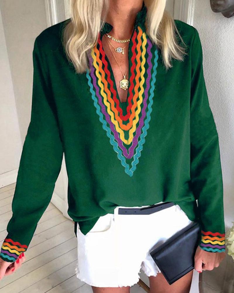 Ethnic Colorblock Long Sleeve Casual Blouse