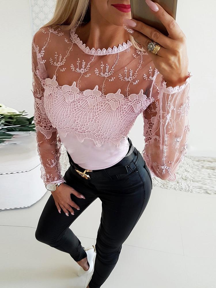 Sheer Mesh Lace Insert Casual Blouse