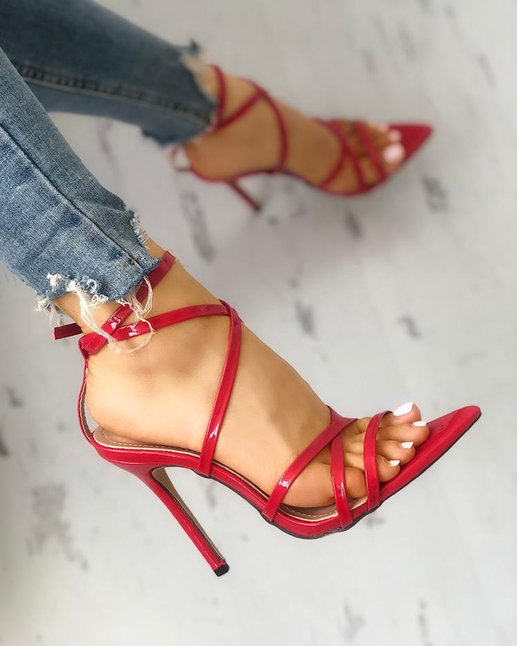 Outlet26 Solid Strappy Peep Toe Buckled Thin Heeled Sandals red