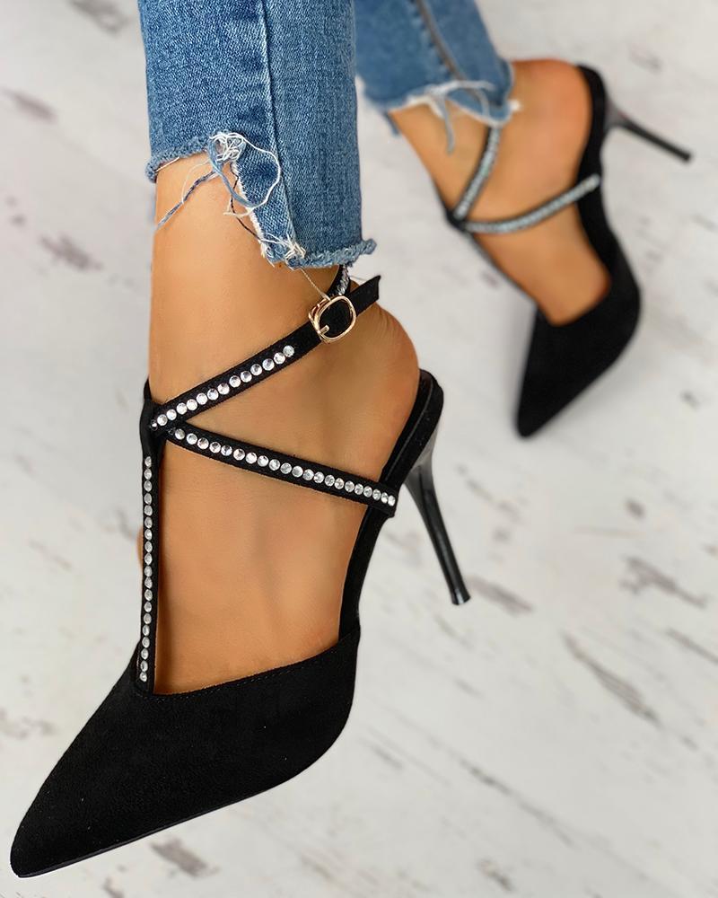 Pointed Toe Hot Stamping Ankle Buckled Heeled Sandals