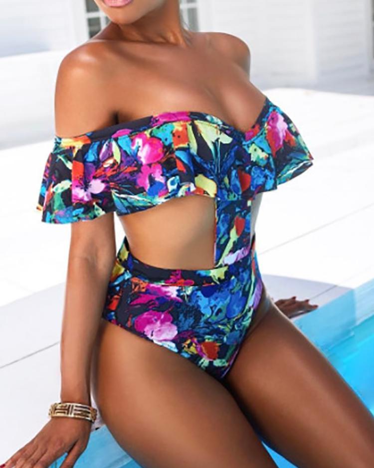 Ruffled Off Shoulder Print Cut Out One-piece Swimsuit