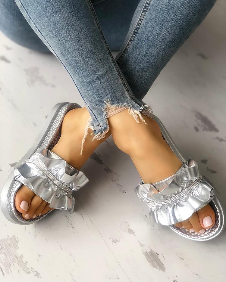 Shiny Embellished Ruffles Peep Toe Sandals