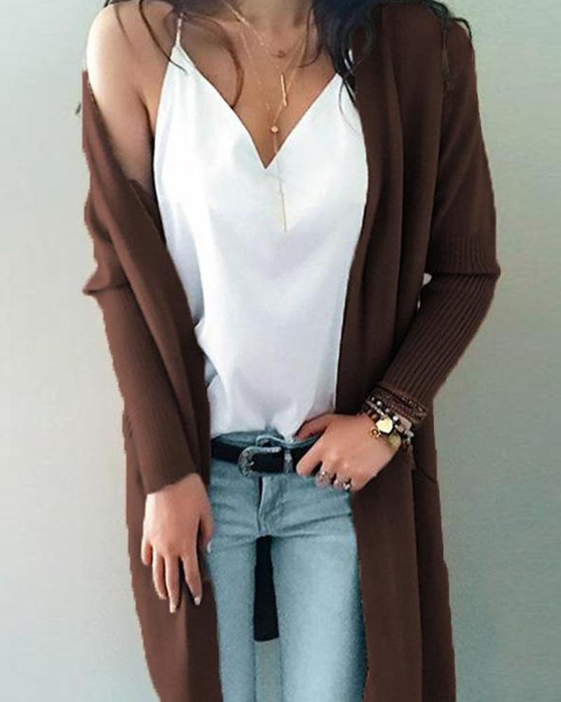 Outlet26 Solid Puff Sleeve Knit Cardigan coffee