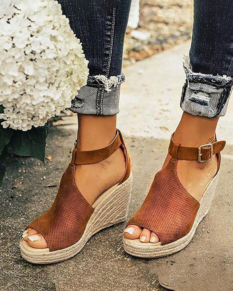 Suede Hollow Out Espadrille Wedge Sandals