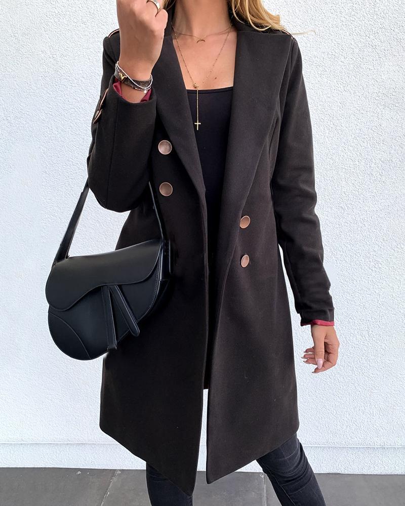 Solid Notched Collar Double-breasted Wool Longline Blazer