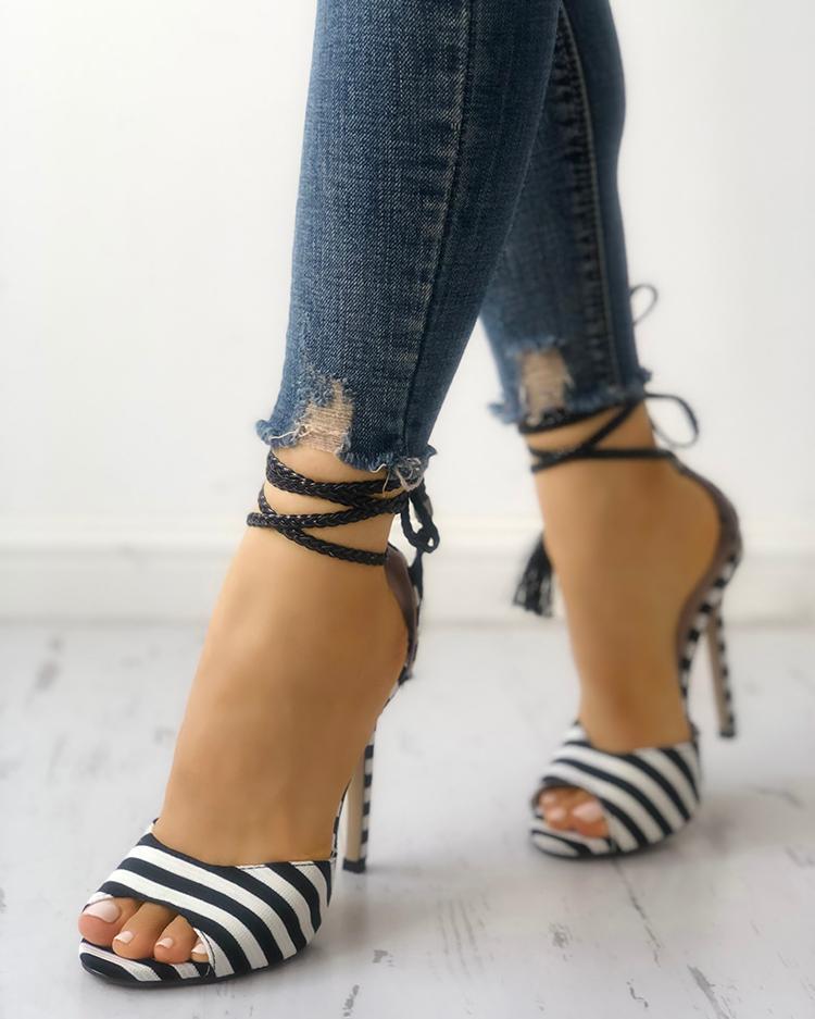 Stripes Single Strap Thin Heeled Sandals