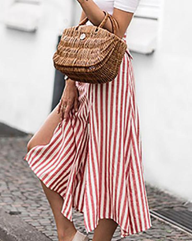 Striped Belted Chiffon Midi Skirt