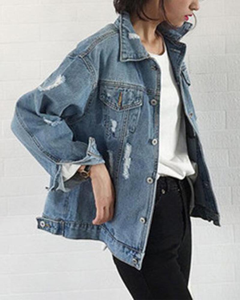 Ripped Denim Button-Up Jacket