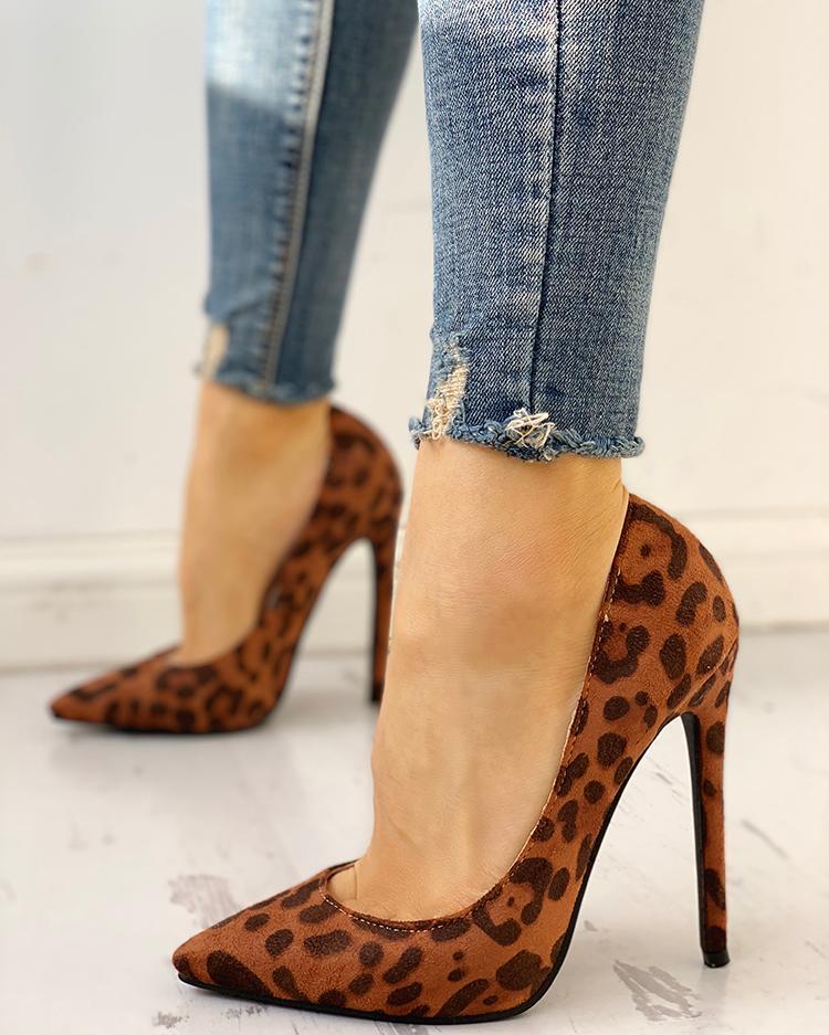 Leopard Printed Pointed Toe High Thin Heels