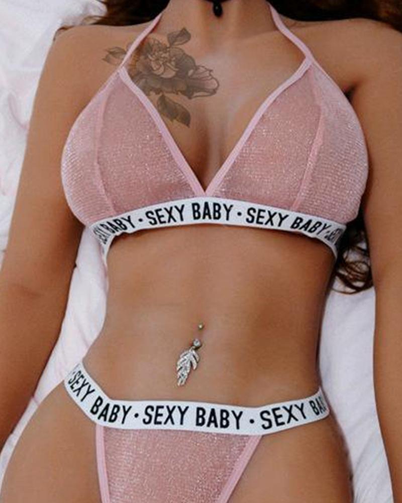Solid Letter Banded Strap Bra With Panties Suit Sets
