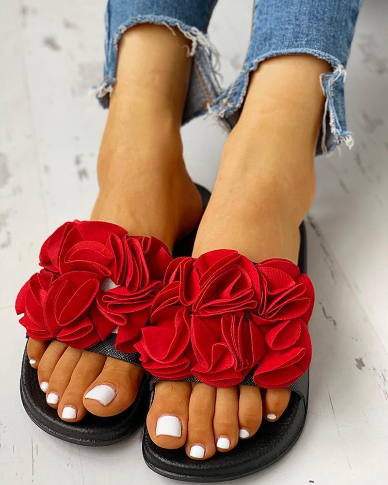 Ruched Flower Embellished Flat Sandals