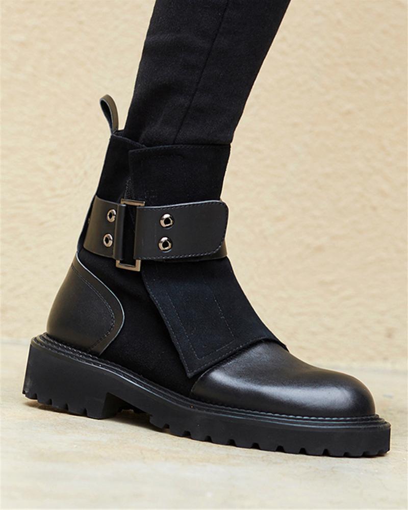 Belted Faux Leather Biker Boots
