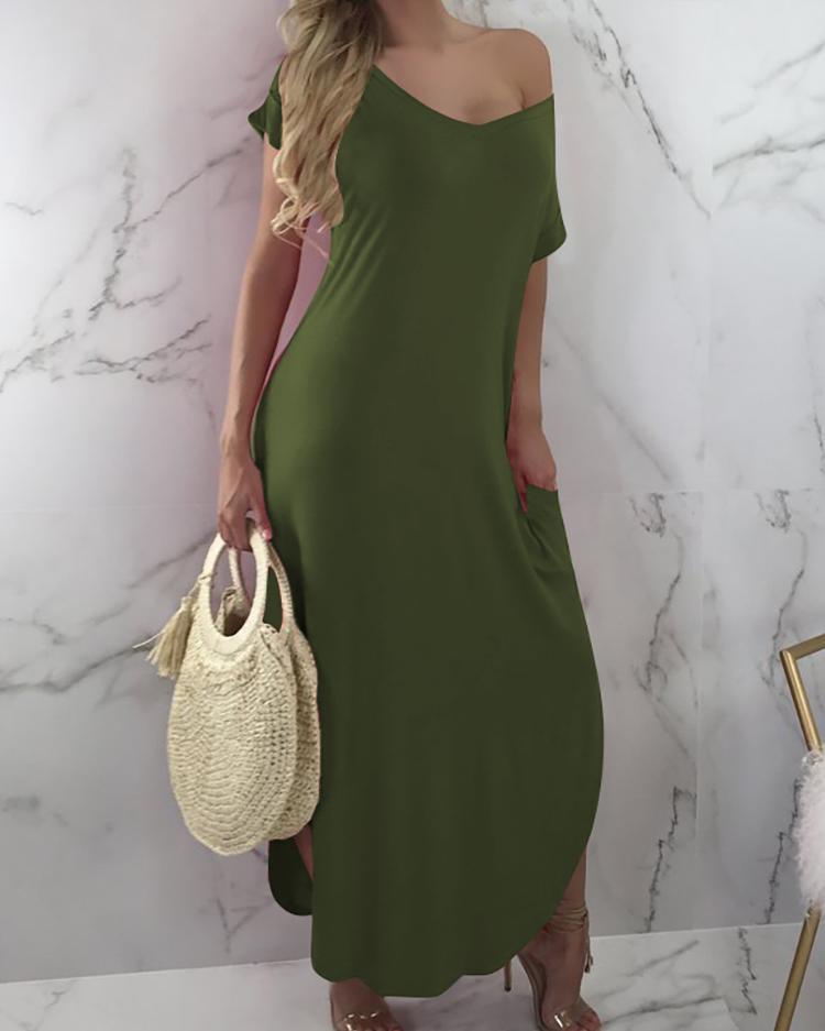 Outlet26 Solid Split Side Maxi Casual Dress Army green