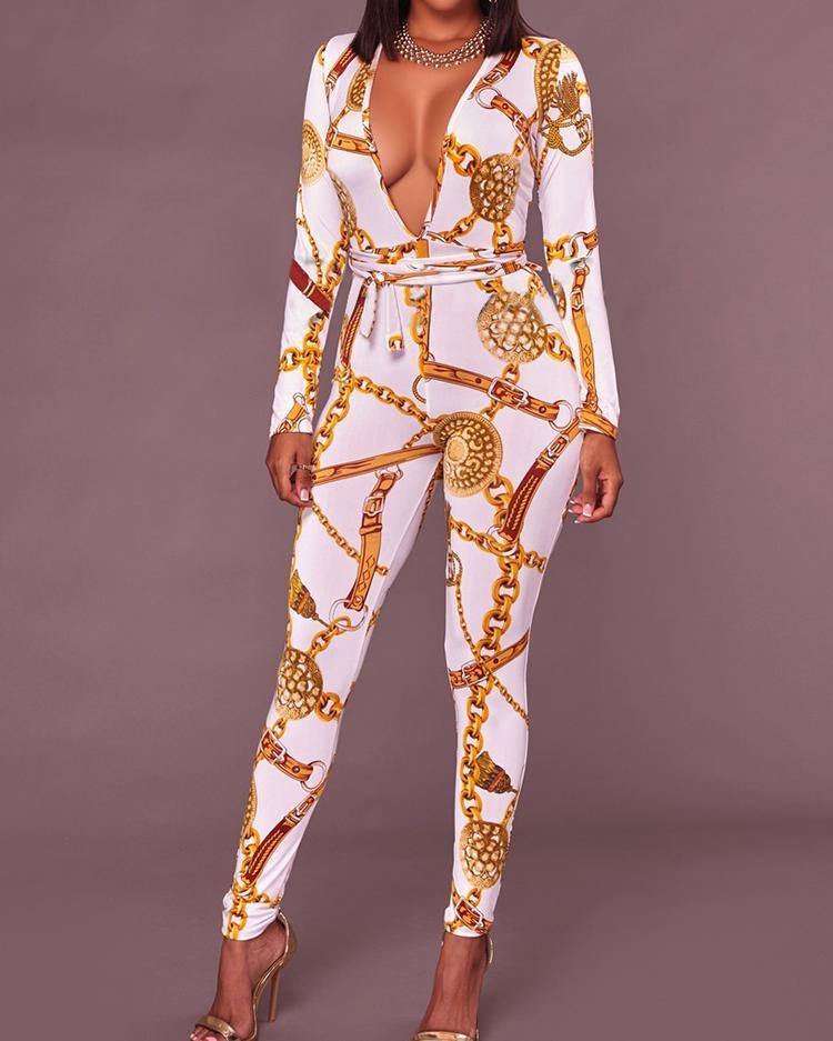 Outlet26 Sexy Deep V Neck Gold Chain Print Skinny Jumpsuit white