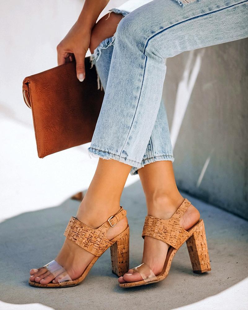 Outlet26 Wood Textured Chunky Heel Sandals Apricot
